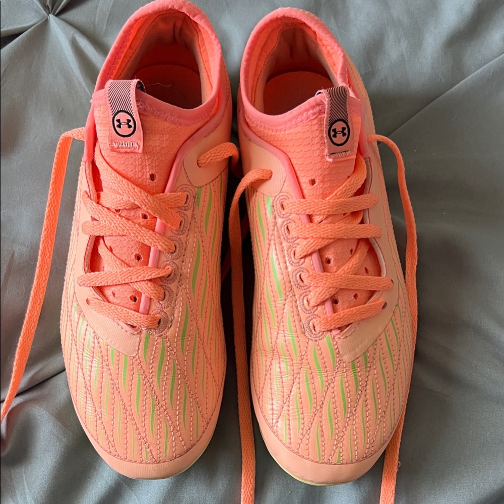 Under Armour Kids' Coral and Lime soccer cleats